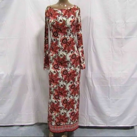 MICHAEL Michael Kors NWOT US Long Sleeve Scoop Neck Maxi Dress Red/White XXS - Picture 1 of 7
